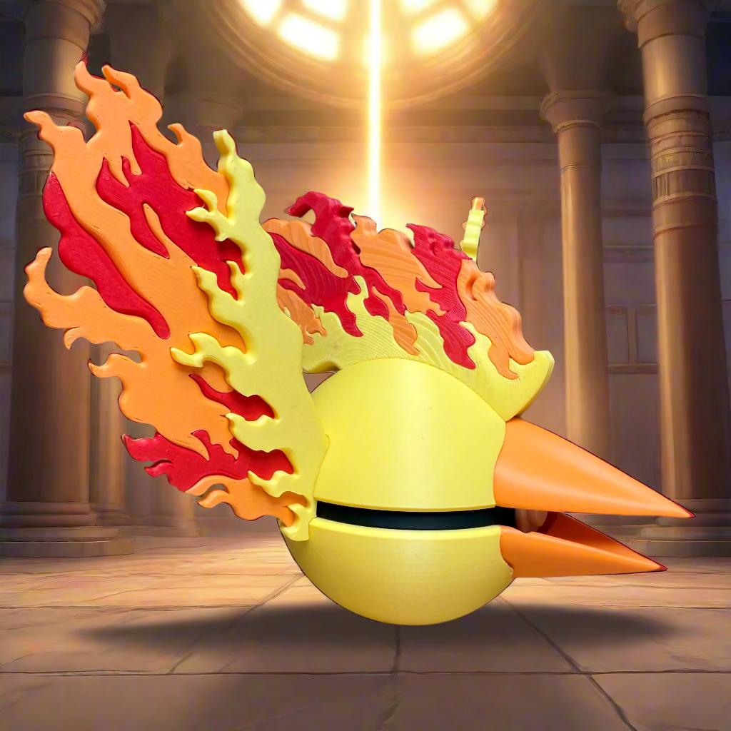 Toy figure with flame design on a wooden surface